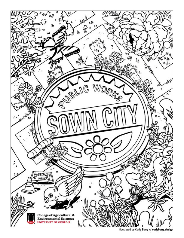 Coloring page of a manhole cover with the words "Sown City"