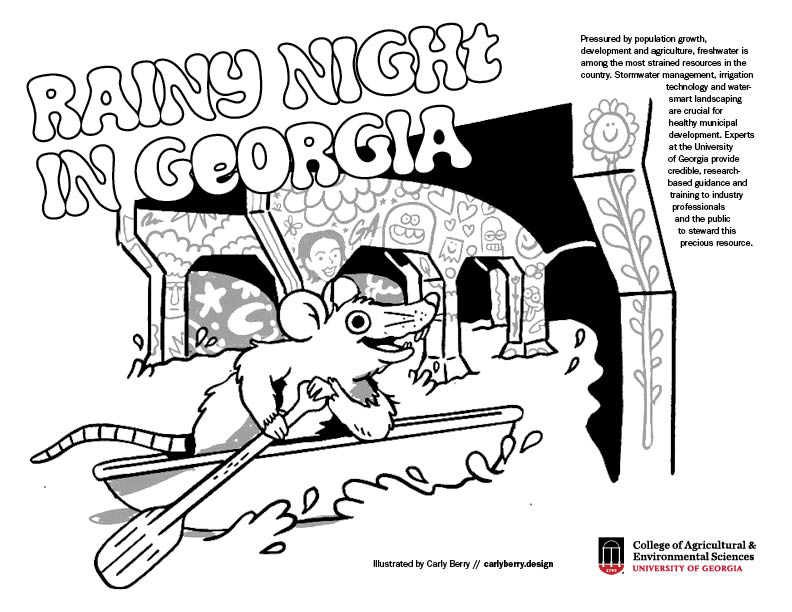 Coloring page of a rat paddling in a boat in storm runoff