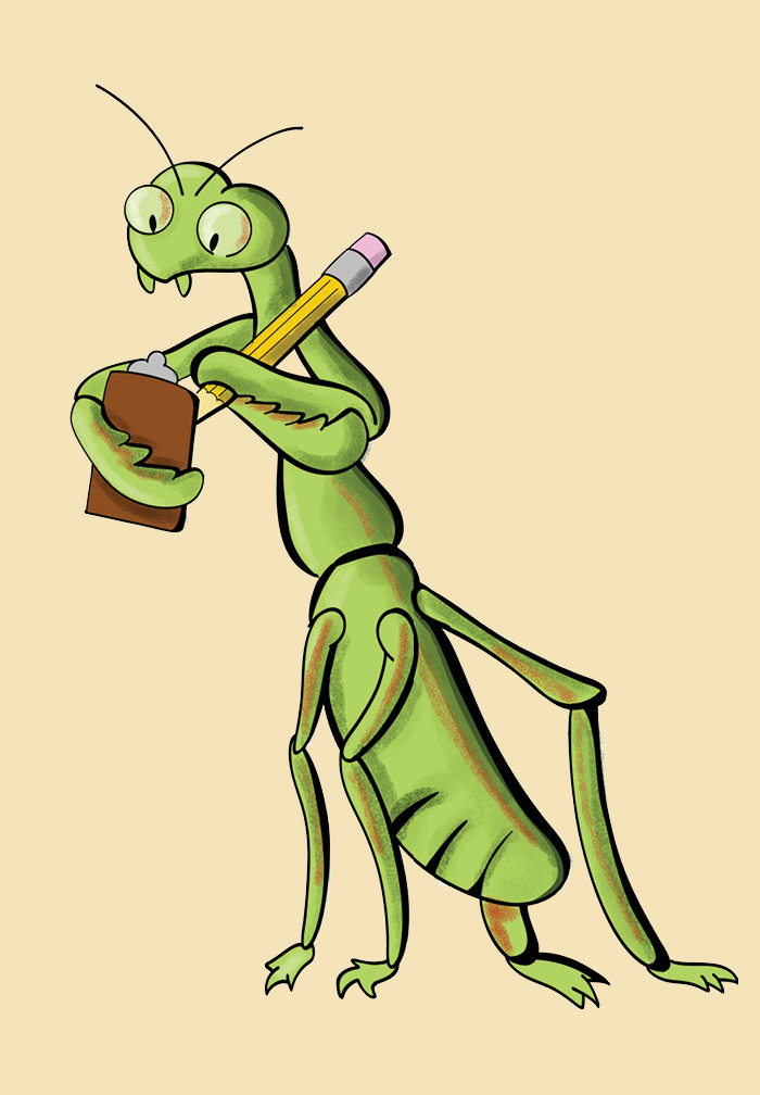 Illustration of an avocado mantis holding a clipboard and pencil