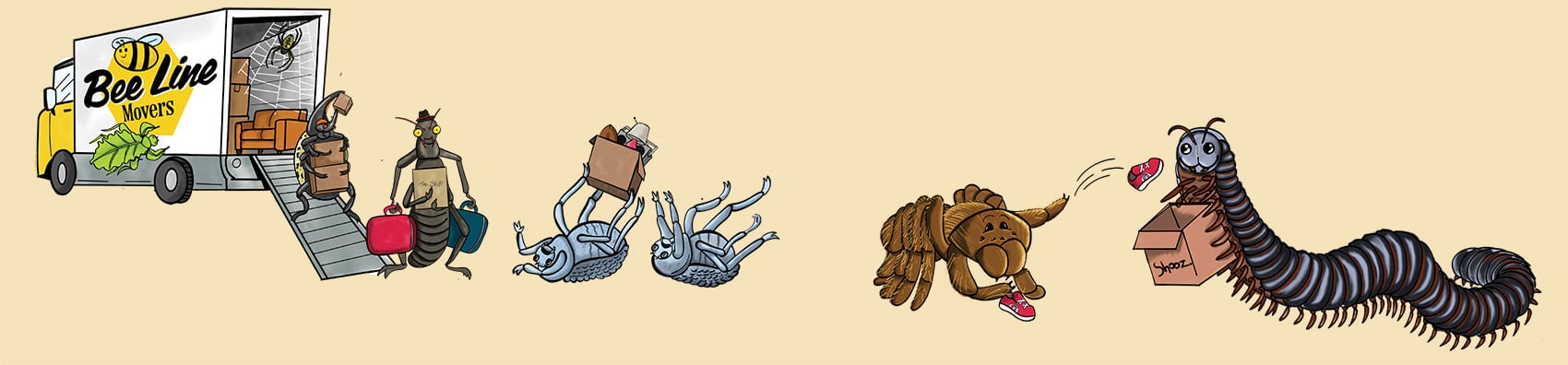 Cartoon of Insect Zoo inhabitants unloading a moving truck