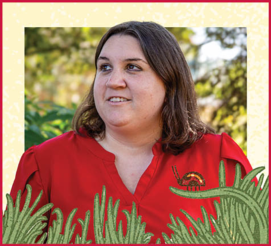 Collage of Bethany Harris with illustrated ladybug