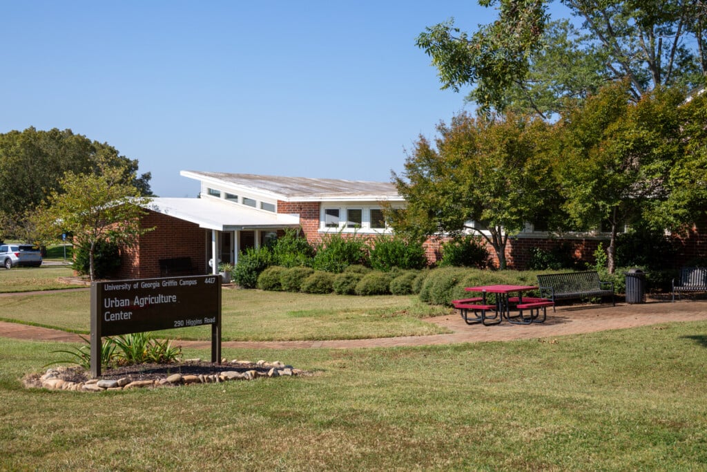 Sign and exterior view of Center for Urban Agriculture building