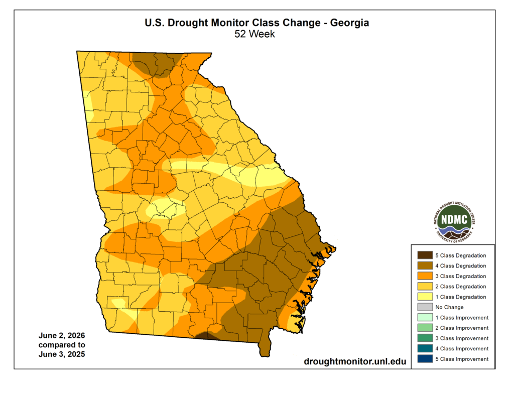 U.S. Drought Monitor Class Change map for the state of Georgia. The map shows that from June 3, 2025 to June 2, 2026 the entire state is in moderate to severe drought.
