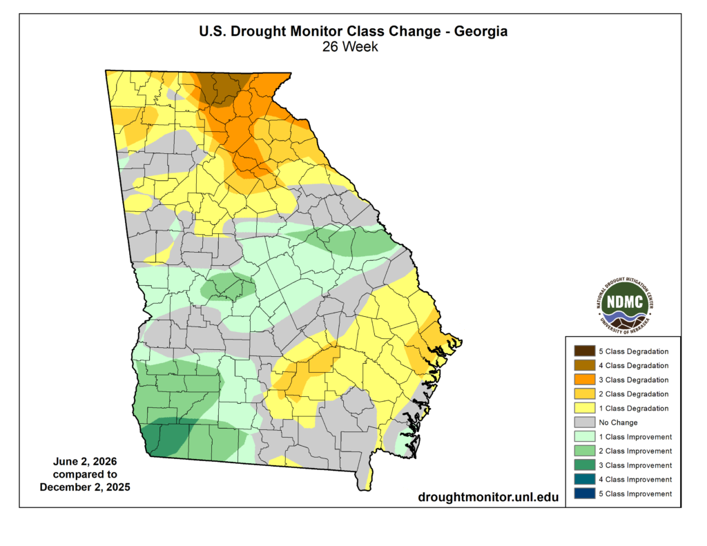 U.S. Drought Monitor Class Change map from December 2, 2025 to June 2, 2026. There are areas of improvement all over however there are still drought conditions and some areas such as the northeast are worsening. 