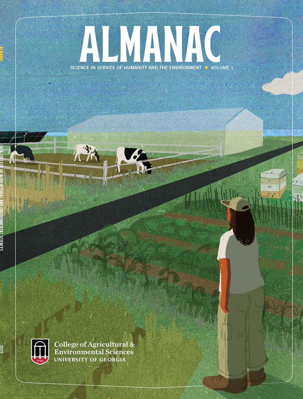 Illustrated magazine cover of a farmer gazing at cows