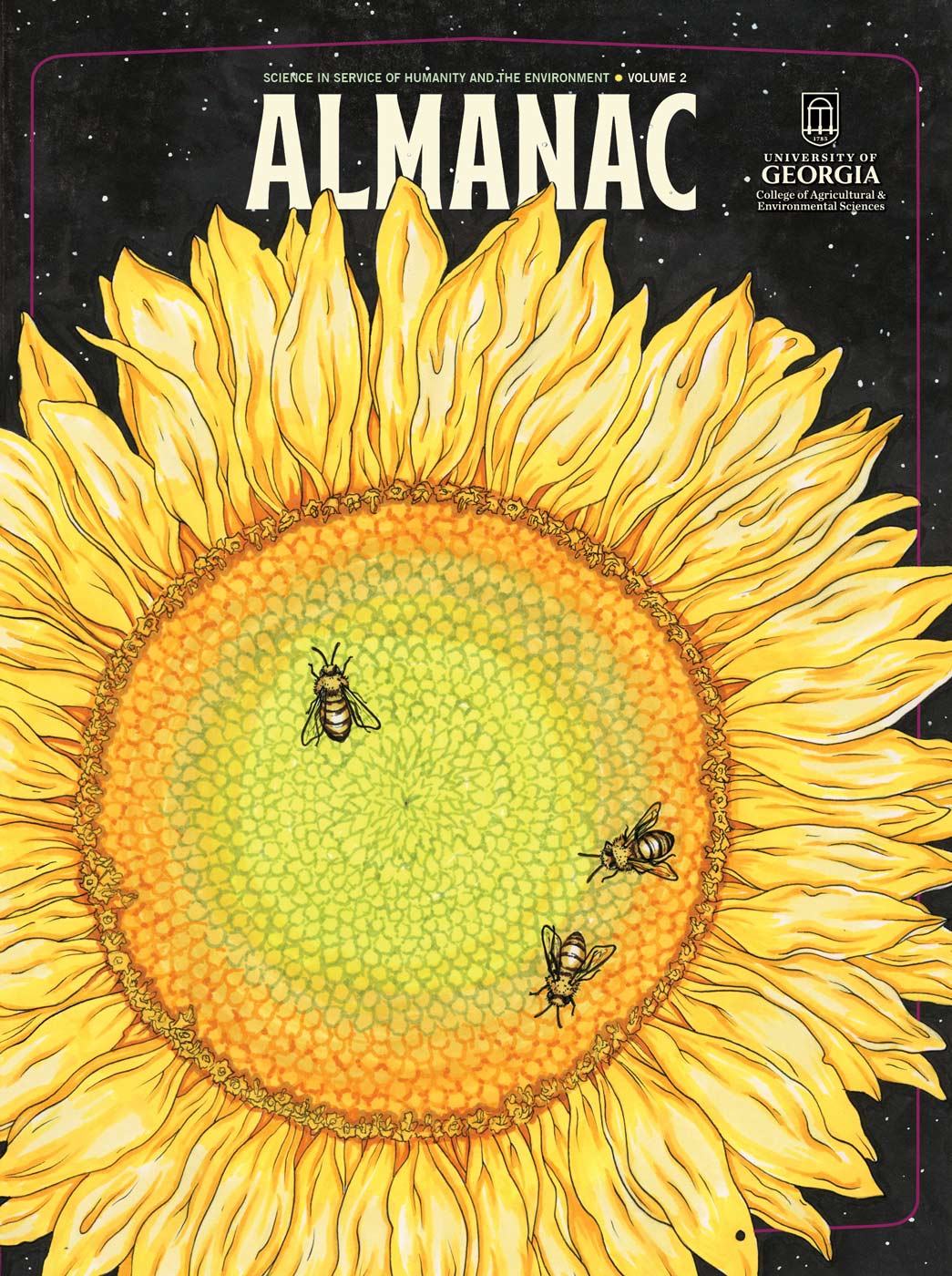 Illustrated magazine cover of bees on a sunflower with a starry background