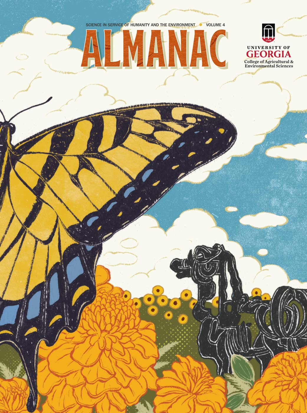 Illustrated magazine cover of an Eastern Swallowtail Butterfly wing an Iron Horse statue in a marigold field
