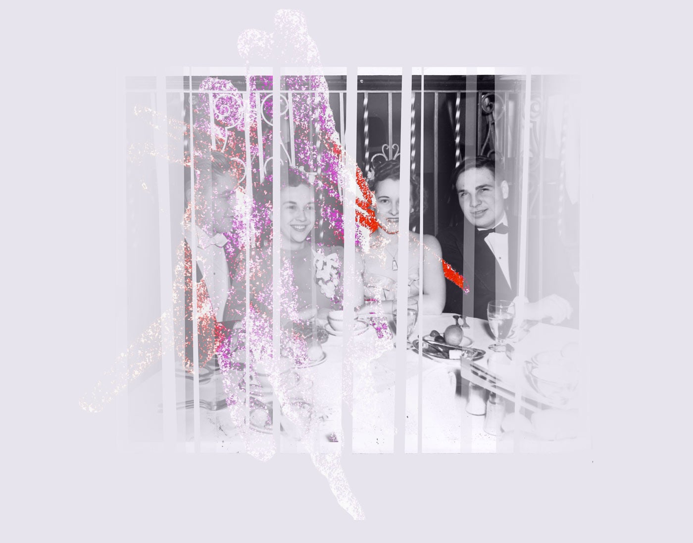 A distorted and degraded vintage photo of two young couples in formal wear at a banquet table, circa 1950s