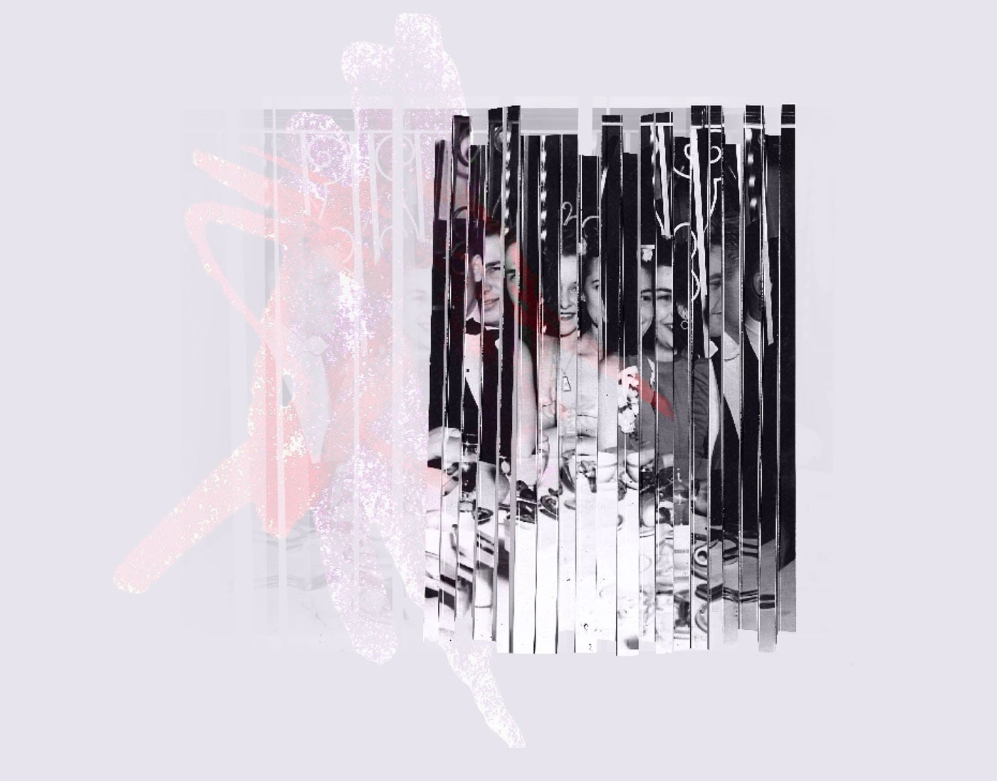 Distorted, degraded and fragmented photo of young couples in formal wear at a banquet table