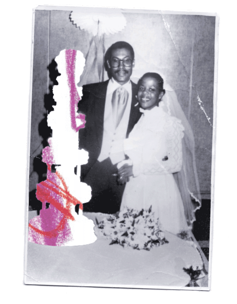 Vintage photo of a couple on their wedding day. The cake has been cut out of the photo and replaced with a colorful scribble