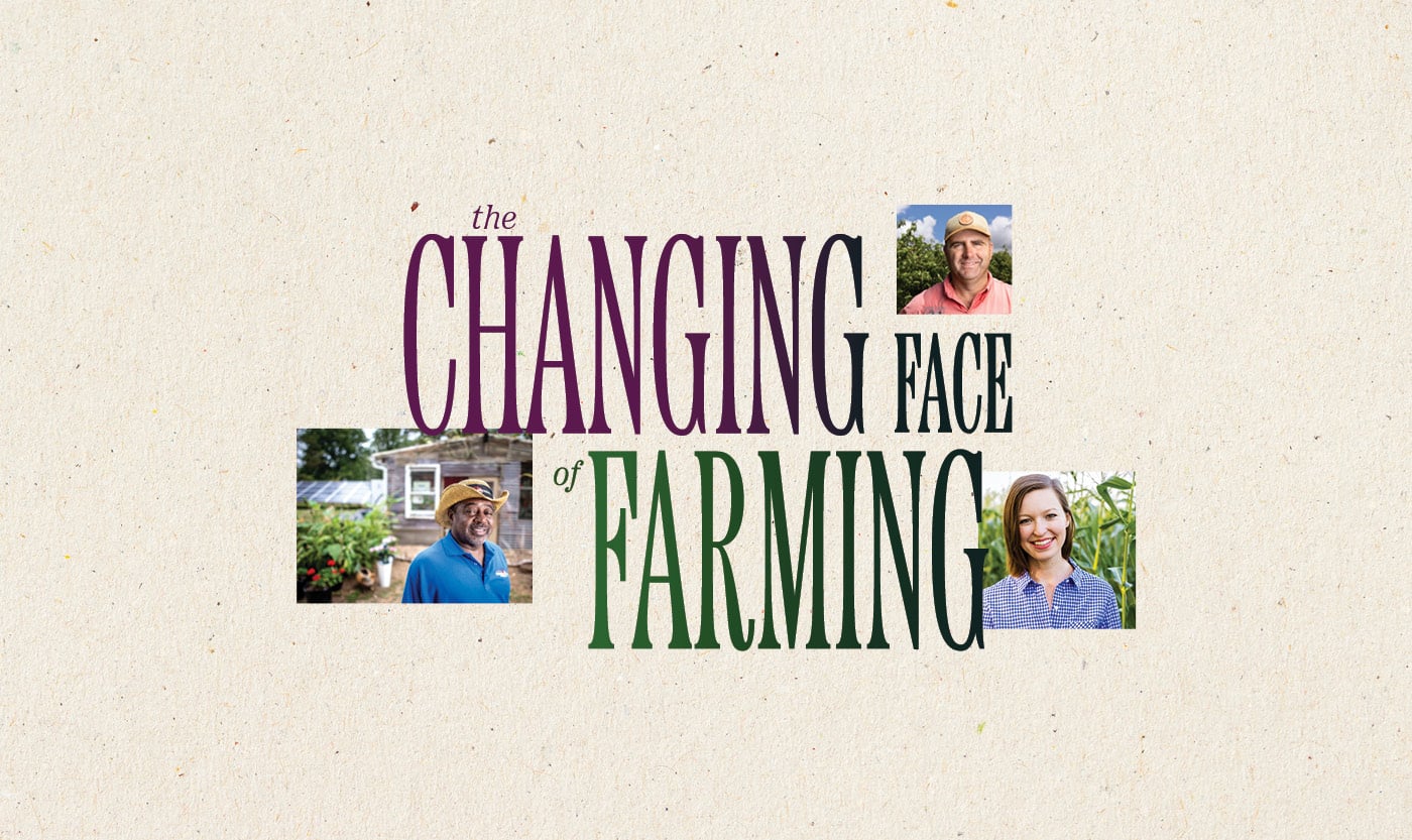 "The changing face of farming" with inset images of three young farmers