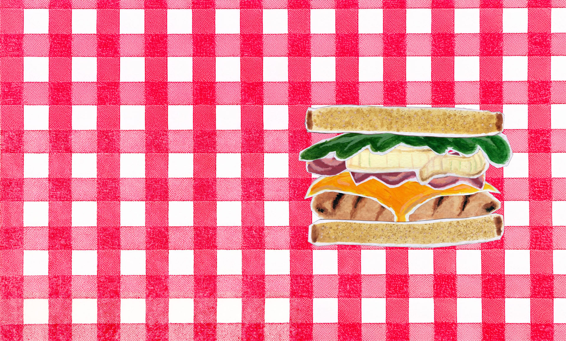Illustration of chicken club sandwich with cheese, bacon, onion and arugula
