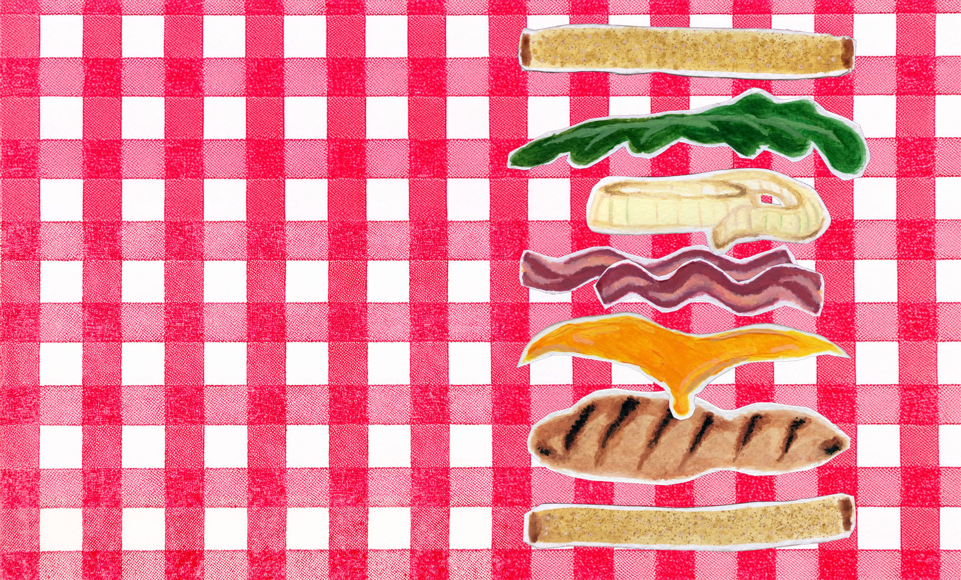 Illustration of chicken club sandwich with cheese, bacon, onion and arugula with the piece spearated