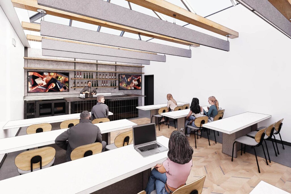 Computer rendering of a classroom with a demonstration counter and telescreens
