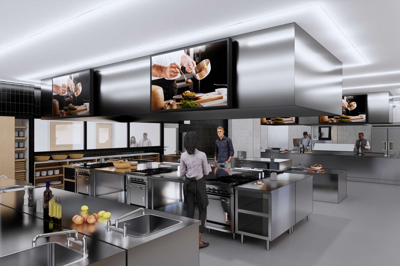Computer rendering of a large, commercial kitchen space with several sinks, ovens and food prep stations and multiple telescreens