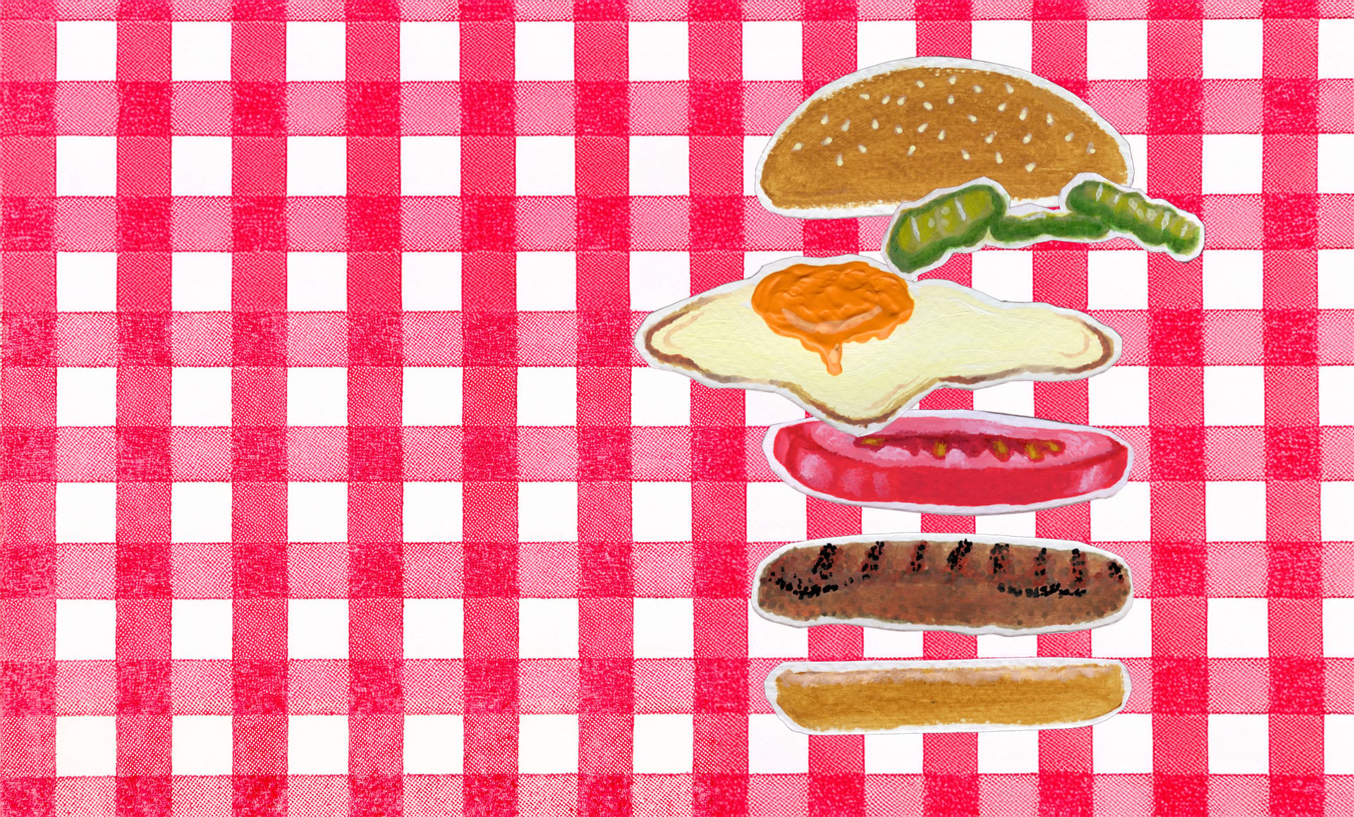 Illustration of a hamburger with fried egg, tomato and pickles ingredients spread apart