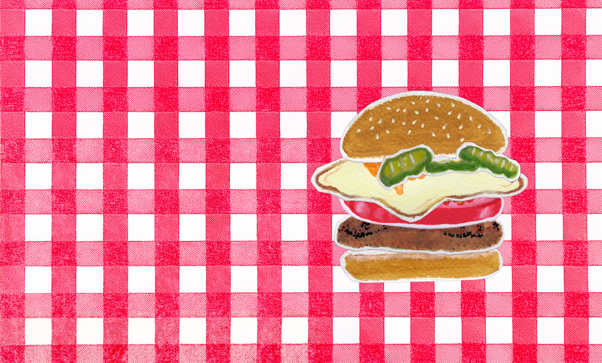 Illustration of a hamburger with fried egg, tomato and pickles
