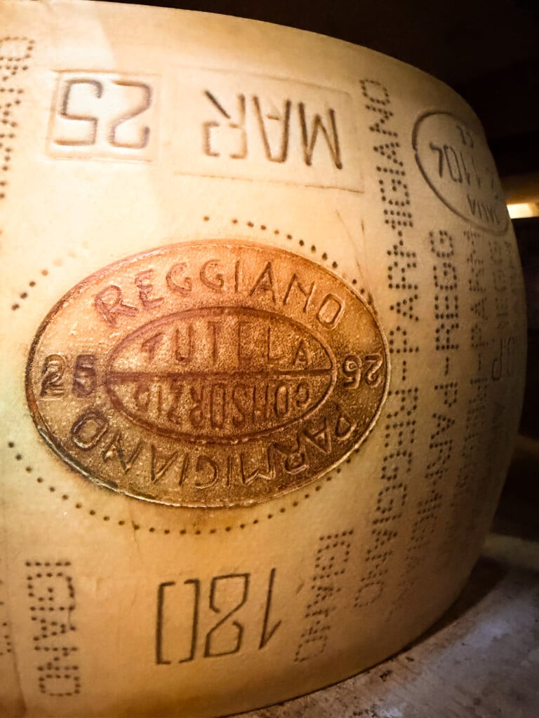 A close up image of a finished wheel of cheese with the labels stamped on the sides.