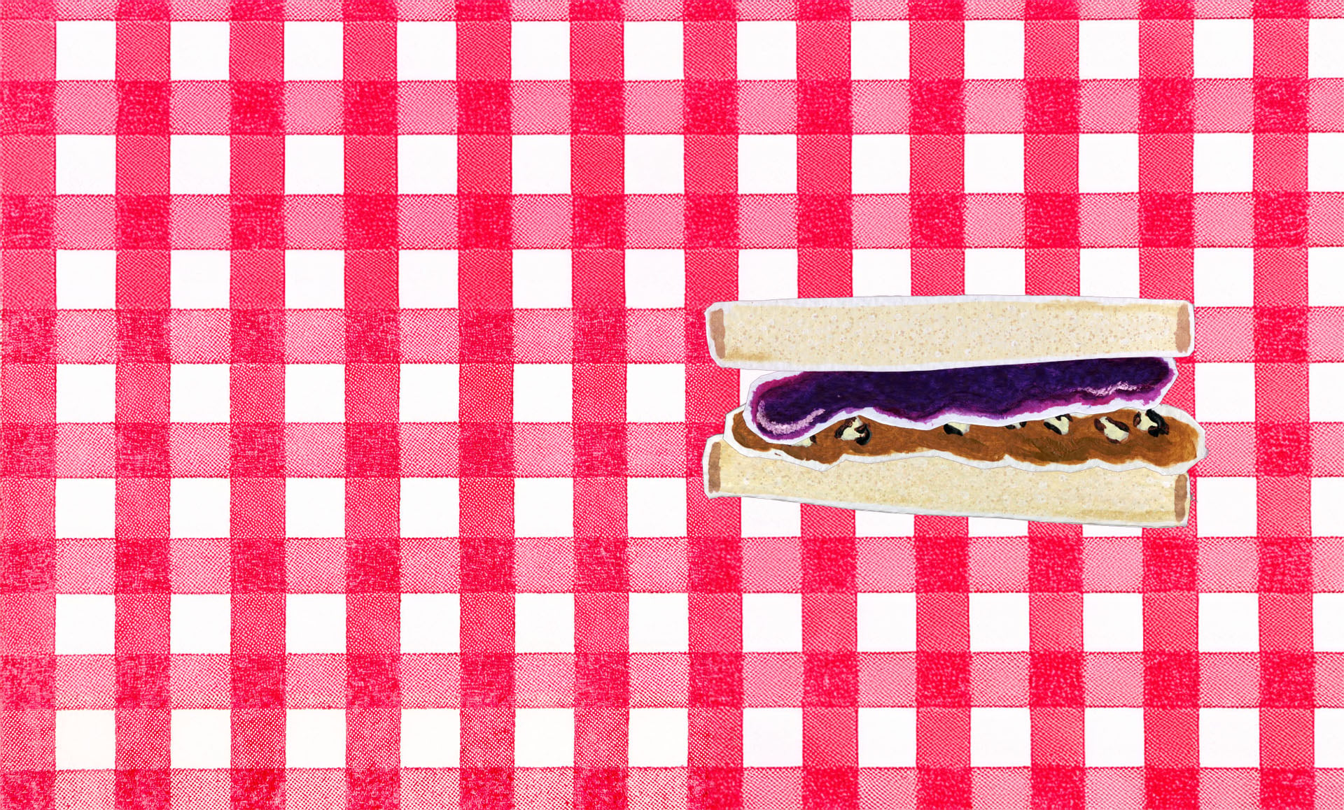 Illustrated sandwich with peanut and pecan butter and blueberry jelly