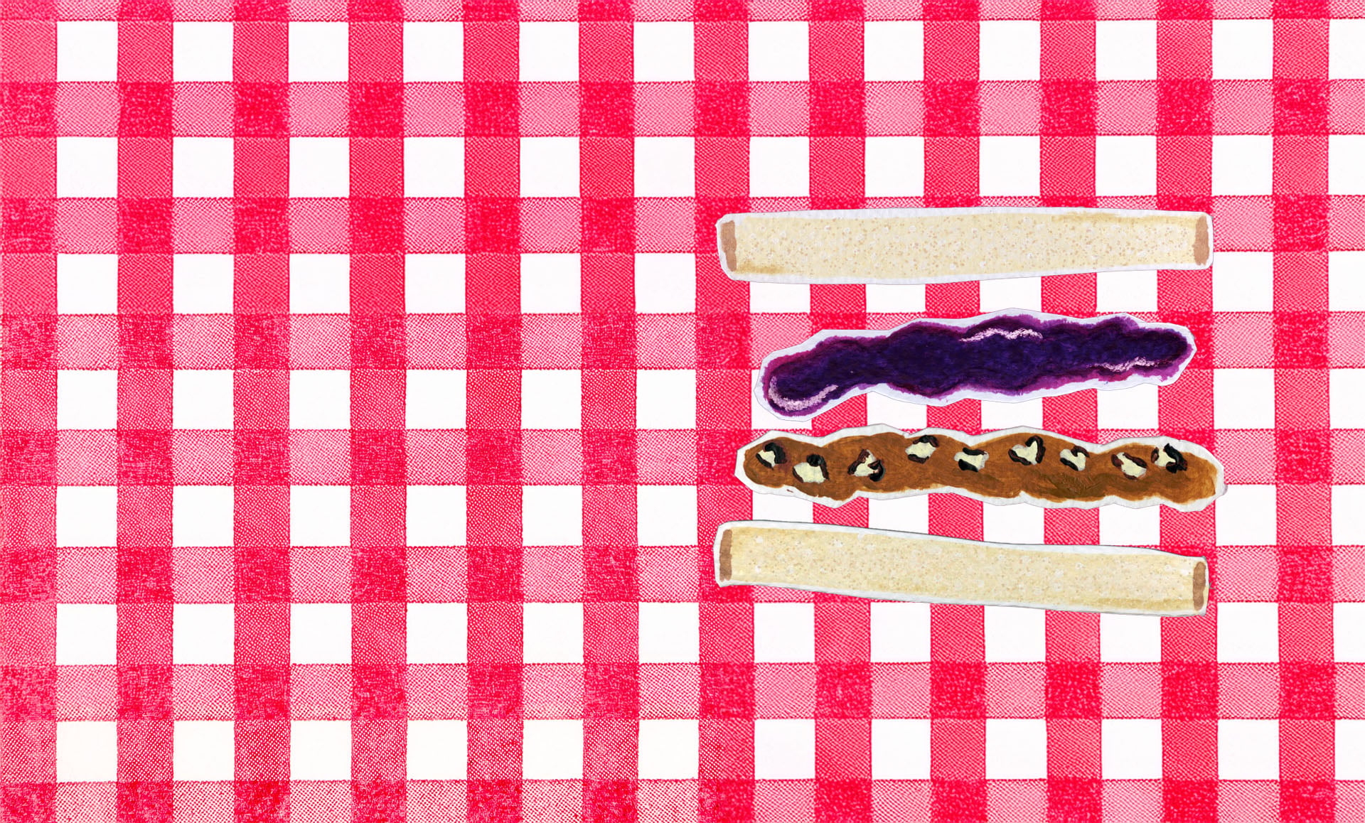 Illustrated sandwich with peanut and pecan butter and blueberry jelly with pieces spearated
