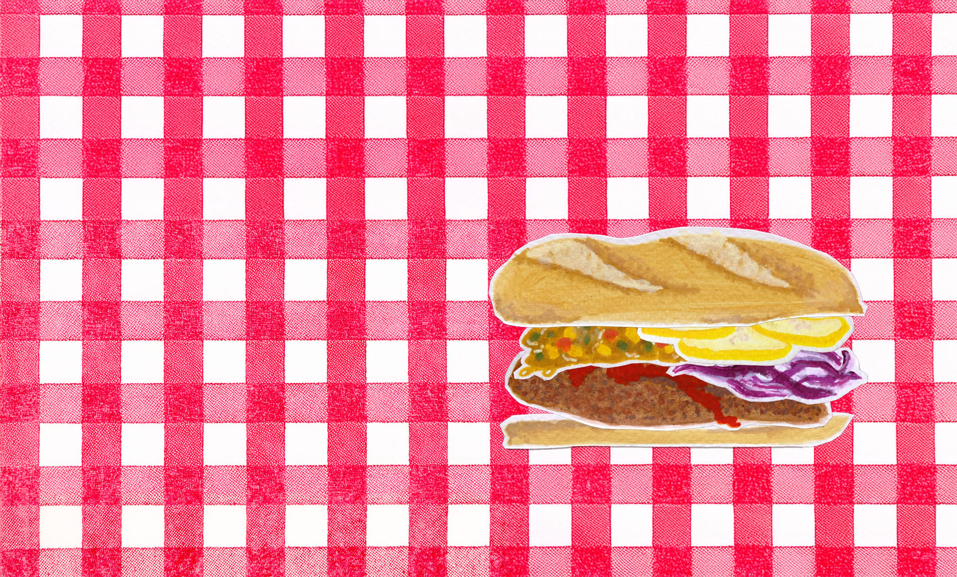 Illustrated fried catfish sandwich, with hot sauce, sliced red cabbage, chow-chow, pickled squash on French bread
