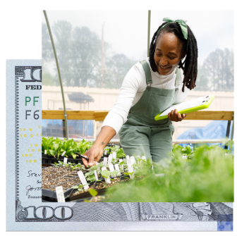 Photo collage of a hundred dollar bill and a young female farmer