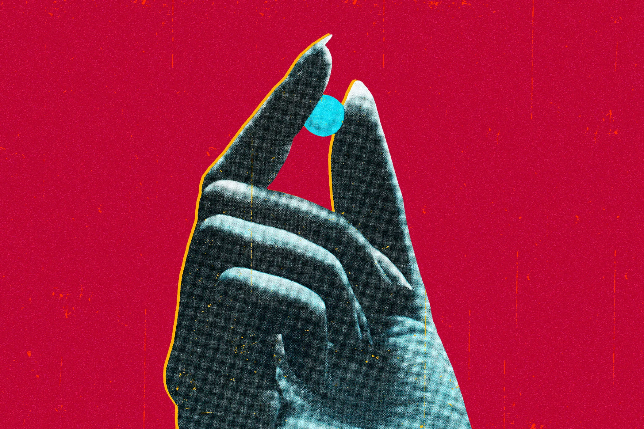 An illustration of a hand holding a pill against a red background
