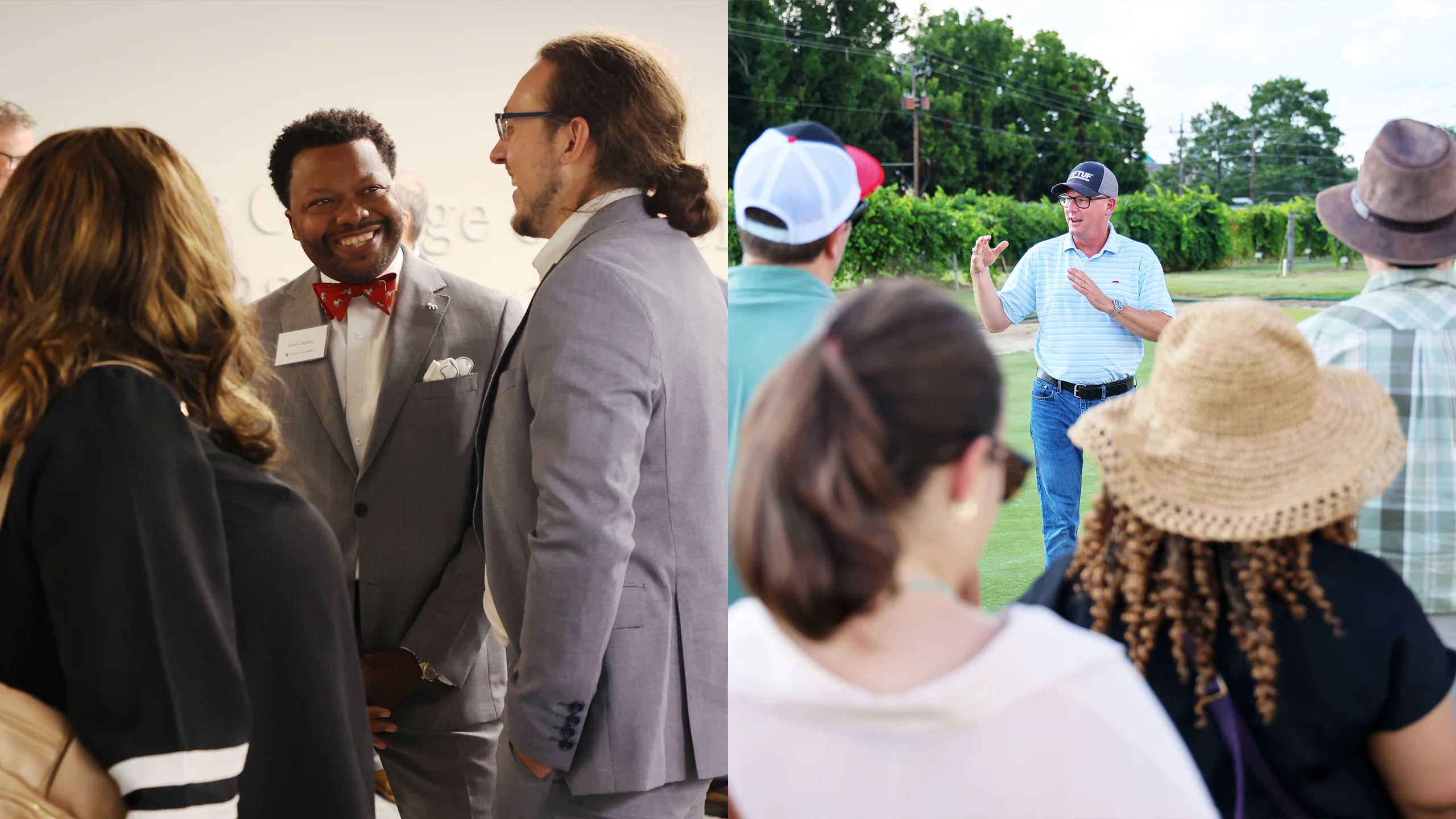 Split screen of New Faculty Tour participants talking at a formal event (left) and learning from turf breeder Brian Schwartz at UGA-Tifton (right