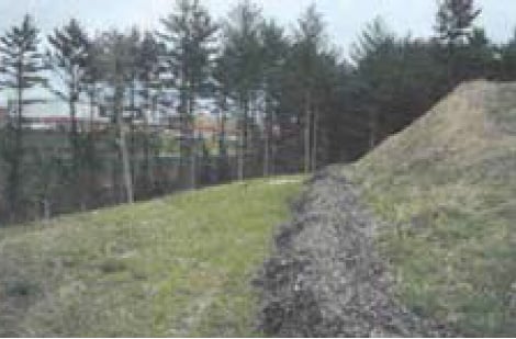 A vegetated berm made of ground wood waste running along a slope at a construction site, used for erosion and sediment control.