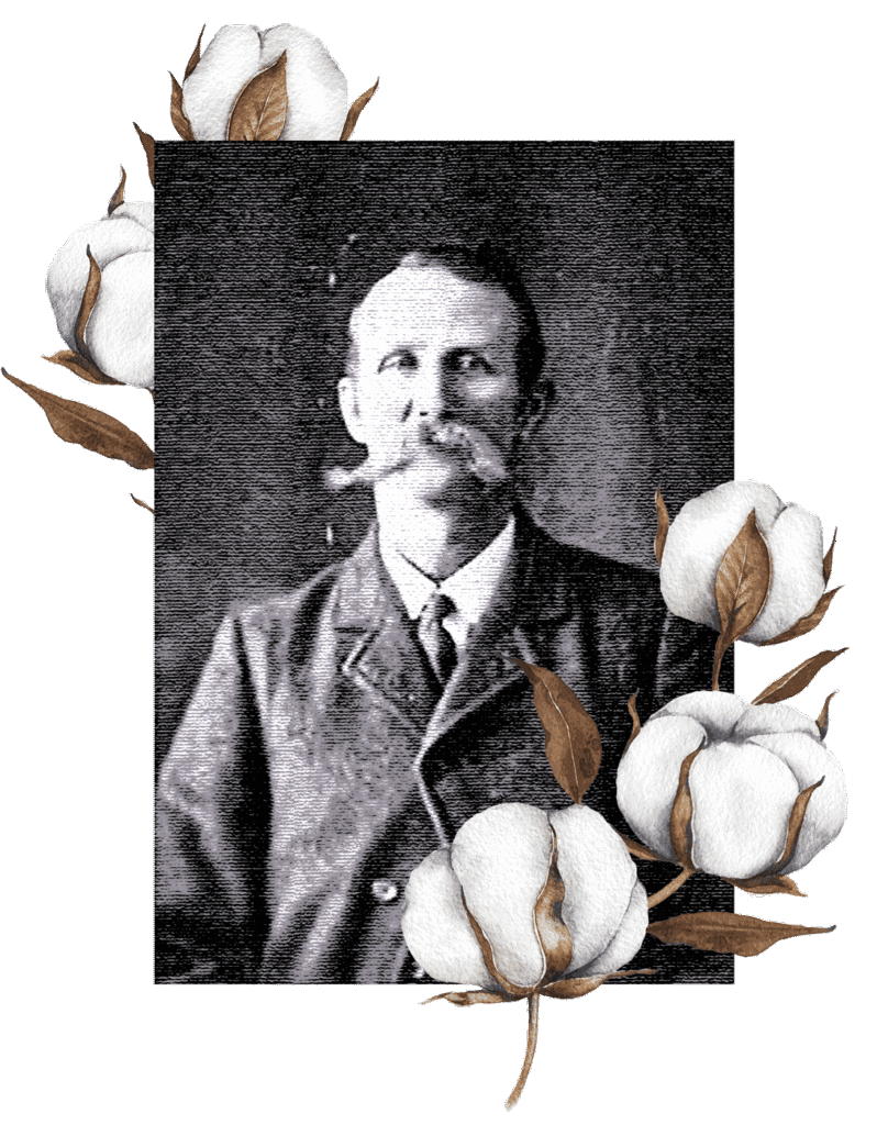 Black and white photo of a man with a long moustache, wearing a coat and tie, composited with a cotton boll illustration