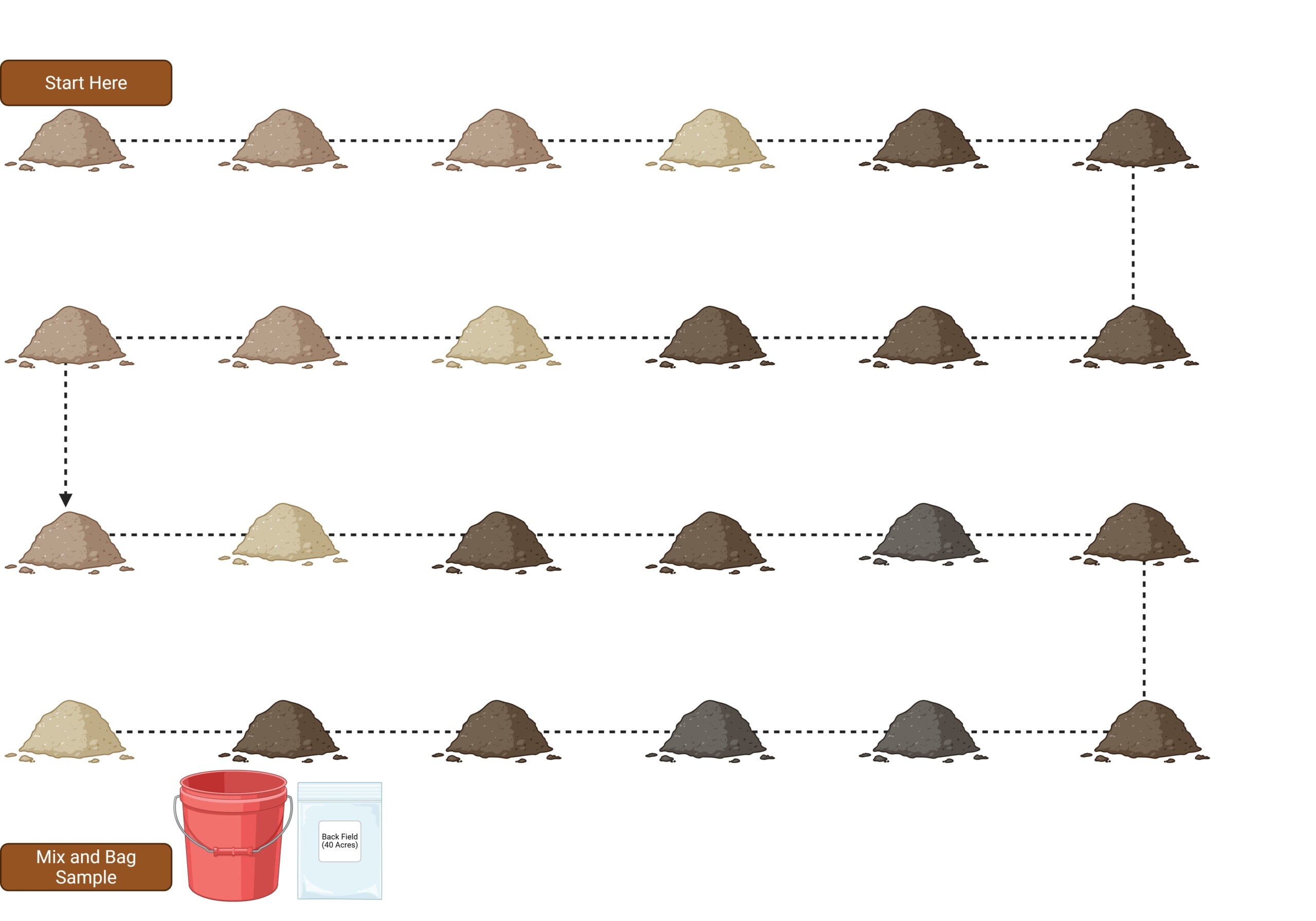 Diagram of a grid-pattern soil sampling method, showing soil cores collected in evenly spaced rows and columns across a field and combined into a bucket and labeled sample bag.
