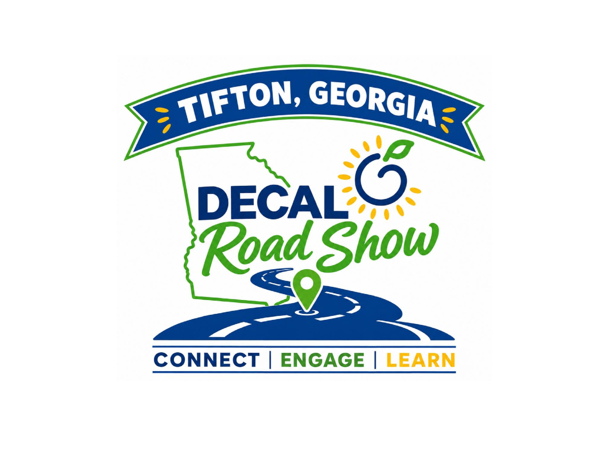Logo for the Tifton, Georgia DECAL Road Show. A blue banner at the top reads “TIFTON, GEORGIA.” Below, a green outline of the state of Georgia frames the words “DECAL Road Show” in blue and green lettering. The “O” in DECAL is stylized as a blue apple with a green leaf and yellow sun rays. A blue winding road with a green location pin extends across the bottom. The tagline “CONNECT | ENGAGE | LEARN” appears beneath the road in blue, green, and gold text.